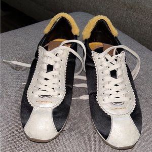 Coach G1313 Black Gold Low Lace-Up Suede Sneaker Leather and Faux Fur Trim